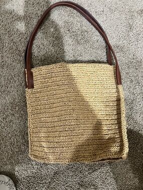 J. Crew Tan Packable Raffia Straw Tote with Brown Leather
